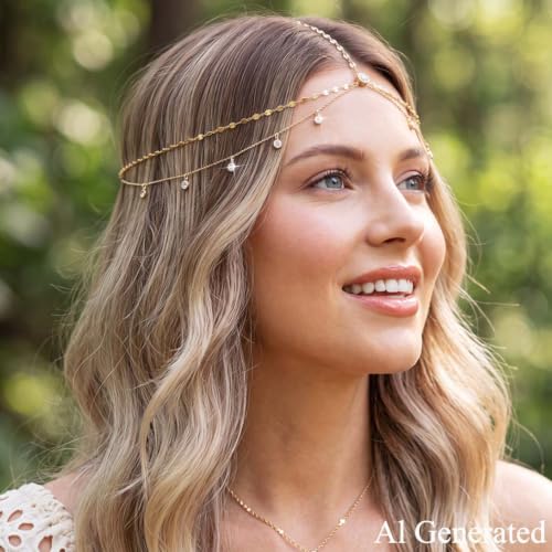 BARTOSI Rhinestone Head Chain Gold Wedding Headpiece Accessories for Women | Boho Crystal Head Chain Gold Forehead Layered Headband Prom Bridal Hair Jewelry - color: B-Gold