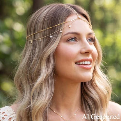 BARTOSI Rhinestone Head Chain Gold Wedding Headpiece Accessories for Women | Boho Crystal Head Chain Gold Forehead Layered Headband Prom Bridal Hair Jewelry - color: B-Gold