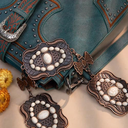 Montana West Rustic Couture's Turquoise Western Concho Chain Belt for Women | Large Western Cowgirl Metal Adjustable Boho Body Chain Belt for Dresses Jeans Country Concert - color: Concho White