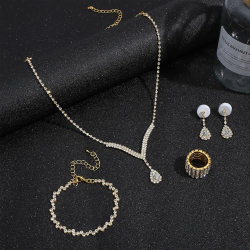 NEWITIN 15 Pieces Gold Jewelry Set for Women Wedding Costume Accessories | Hypoallergenic, Cubic Zirconia, CZ Necklaces Earrings Bracelets Ring, Crystal Jewelry for Wedding Bride Bridesmaid Party Prom - color: Elegant