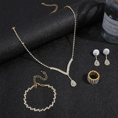NEWITIN 15 Pieces Gold Jewelry Set for Women Wedding Costume Accessories | Hypoallergenic, Cubic Zirconia, CZ Necklaces Earrings Bracelets Ring, Crystal Jewelry for Wedding Bride Bridesmaid Party Prom - color: Elegant
