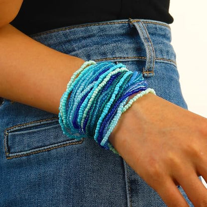 Soyzvteo 17Pcs Elastic Beaded Bracelets Bohemian Stackable Beaded Stretch Bracelets Colorful Boho Beach Bracelet Set Rainbow Handmade Seed Beach Bracelet Jewelry - color: 30Pcs/Blue