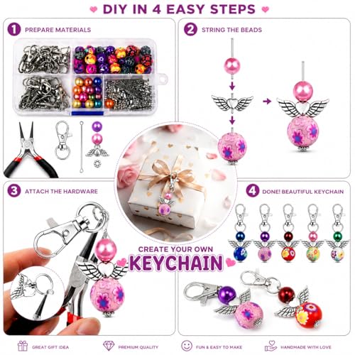Metacipher 180Pcs DIY Angel Keychain Making Kit with Beads & Pliers | Angel Wing Spacers,Floral Beads,Lobster Clasps,DIY Bag Charm, Jewelry Making Supplies,Party Favor,Crafts for Women - color: Love Wings