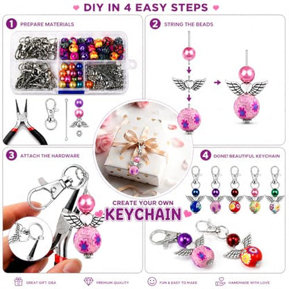 Metacipher 180Pcs DIY Angel Keychain Making Kit with Beads & Pliers | Angel Wing Spacers,Floral Beads,Lobster Clasps,DIY Bag Charm, Jewelry Making Supplies,Party Favor,Crafts for Women - color: Love Wings