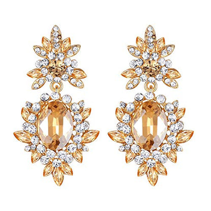 Flower Teardrop Bridal Wedding Dangle CZ Earrings in Silver/Gold Tone for Women Girl Bride Gift … - color: A-Gold