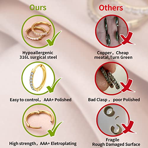316L Surgical Steel Huggie Hoop Earrings | Dainty Pave Cubic Zirconia Cartilage Tiny Earring for Sensitive Ears Hypoallergenic Lightweight for Women Men - style: Gold Plated，20G*10mm