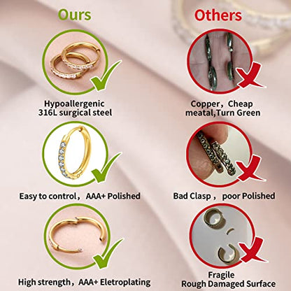 316L Surgical Steel Huggie Hoop Earrings | Dainty Pave Cubic Zirconia Cartilage Tiny Earring for Sensitive Ears Hypoallergenic Lightweight for Women Men - style: Gold Plated,20G*12mm