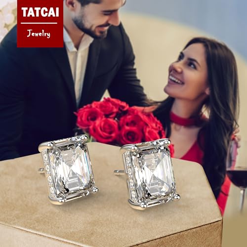 18K White Gold Plated Sterling Silver Emerald Cut Cubic Zirconia Stud Earrings Clear CZ Diamond Stud Earrings for Women Men Hypoallergenic - color: White Gold, size: 5MM*7MM