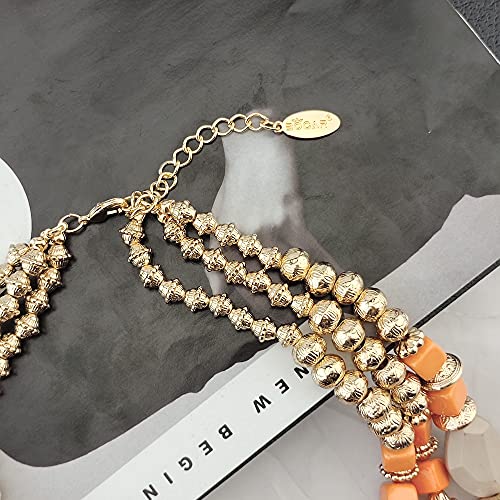 Bocar 3 Layer Chunky Statement Beaded Necklace and Earrings Set, Fashion Multi Layer Women Collar Necklace Jewelry Set - color: Coral Pink