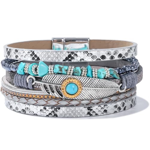 Western Turquoise Leather Cuff Bracelets Boho Feather Cowgirl Jewelry | Stackable Country Hippie Wrap Bangle Set Magnetic Clasp Chunky Beaded Stone Bohemian Statement Outfits for Women Trendy - color: Silver