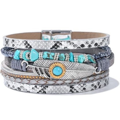 Western Turquoise Leather Cuff Bracelets Boho Feather Cowgirl Jewelry | Stackable Country Hippie Wrap Bangle Set Magnetic Clasp Chunky Beaded Stone Bohemian Statement Outfits for Women Trendy - color: Silver