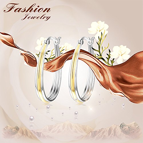 Small Sterling Silver Gold Hoop Earrings Oval Grooved Two Tone Hoops Earrings for Women - color: Gold Hoop Earrings