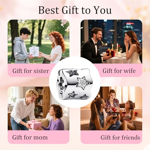 S925 Sterling Silver Cute Bead Charm for Pandora Bracelets and Necklaces | Lucky Clover Cute Animal Pink Bow Cherry Butterfly Pendant Bead Charms Jewelry Making Gifts for Women Valentines Mother's Day - style: Hollow Star Bead Charm