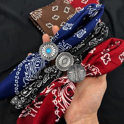 4Pcs Scarf Ring Western Bandana Slide For Women Men Genuine Leather Wild Rag Clip Neckerchief Holder Cowboy Accessories Clothing Cinch Buckle - color: Silver B