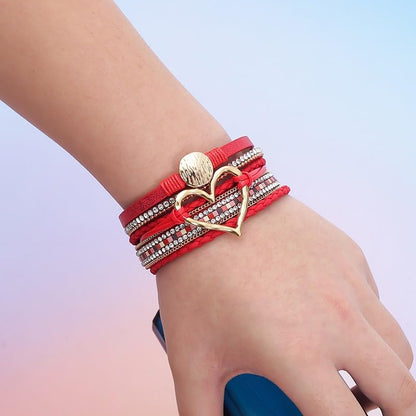 Multilayer Faux Leather Wrap Bracelet with Open Heart Charm Bohemian Stackable Crystal Clasp Bracelet for Women Birthday Gift - color: Red
