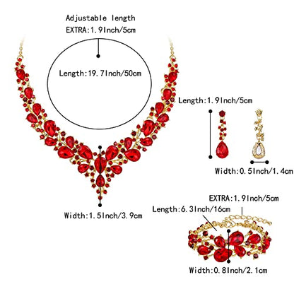 Wedding Bridal Jewelry Set for Women Bride Bridesmaids | Gorgeous Austrian Crystal Teardrop Cluster Statement Necklace Dangle Earrings Link Bracelet Set Prom Jewellery - color: 20-Ruby Color Gold-Plated-Base