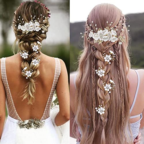 5 PCS Bridal Flower Wedding Hair Pins Crystal Pearl Hair Clips Headpiece Gold Wedding Hair Accessories Jewelry with Rhinestone for Brides Bridesmaids Women Girls Updo (Pure White Flower) - color: Flourish Flowers Series&Pure White Flower