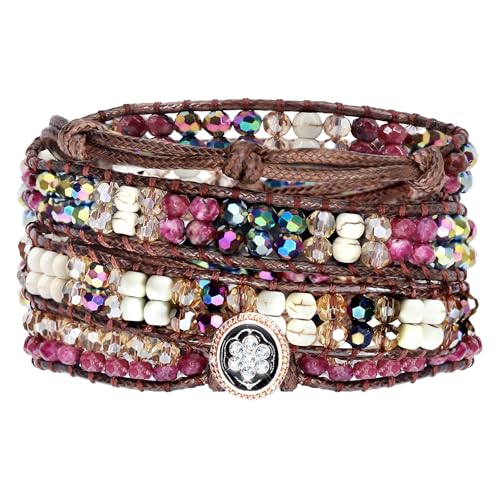 JR.DM Boho Beaded Bracelets for Women - Handmade Adjustable Crystal Natural Stone Bead Wrap Bracelets, Bohemian Jewelry Braided for Unique Birthday Gifts - color: A2 Amethyst