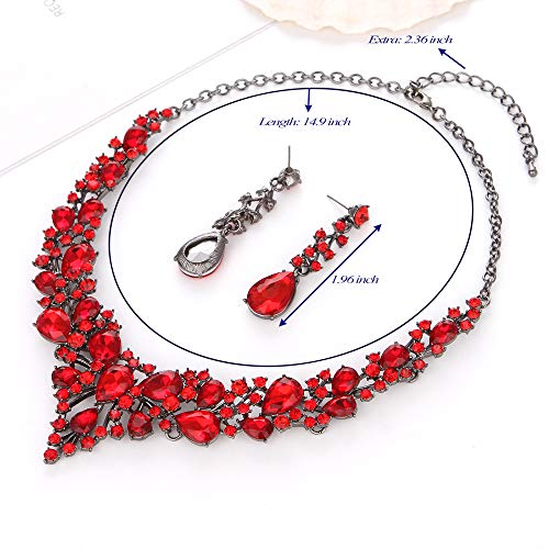 Molie Bridal Austrian Crystal Necklace and Earrings Jewelry Set Gifts fit with Wedding Dress - color: Red-Black tone
