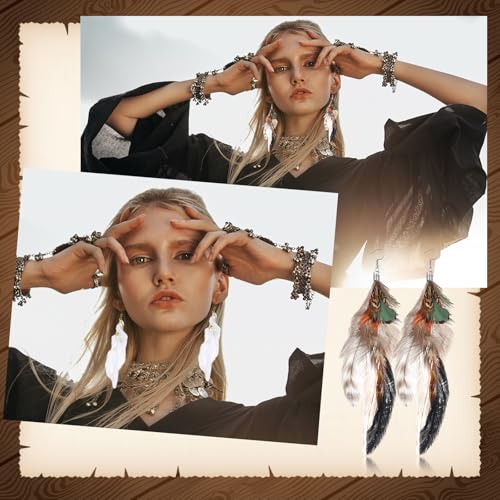 Nosiny 6 Pairs Bohemian Feather Dangle Earrings for Women Bohemian Long Feather Earrings with Shell Beads Long Fringe Tassel Dangle for Women Christmas Gifts