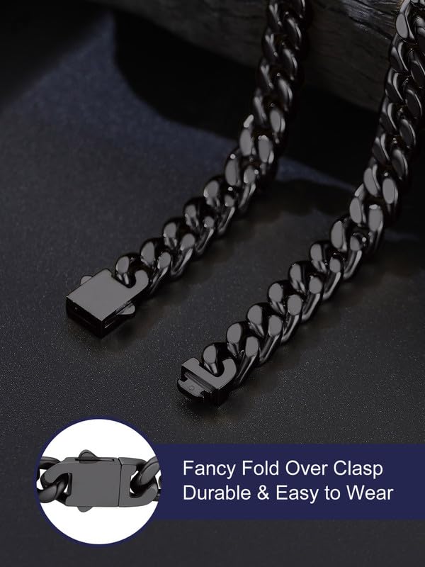 Bandmax Men's Premium Solid Stainless Steel Miami Cuban Link Chain Necklace | Waterproof Tarnish Resistant Chain, Silver Finish/Gold/Black Plated, Easy-open Clasp, 5/7/9/12MM, 18-30 Inches, With Gift Box - color: 09 9MM-Black Plated, size: 30 Inch (76cm,