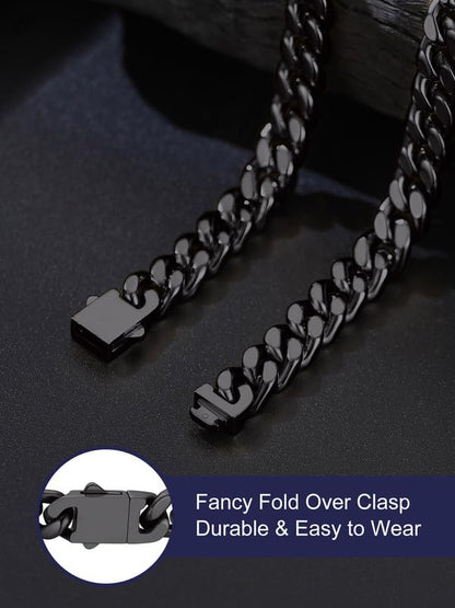 Bandmax Men's Premium Solid Stainless Steel Miami Cuban Link Chain Necklace | Waterproof Tarnish Resistant Chain, Silver Finish/Gold/Black Plated, Easy-open Clasp, 5/7/9/12MM, 18-30 Inches, With Gift Box - color: 09 9MM-Black Plated, size: 22 Inch (56cm,
