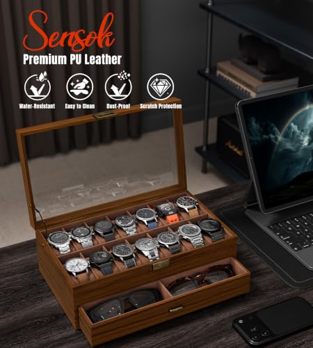 Watch Case Box for Men - Ultra-thin Frame Wide Display 14 Slots 2-Layer Wooden Grain Watch Sunglass Storage Organizer, Real Glass Lid Display Case Gift for Dad Husband - size: 14 Slots, Wooden Pattern