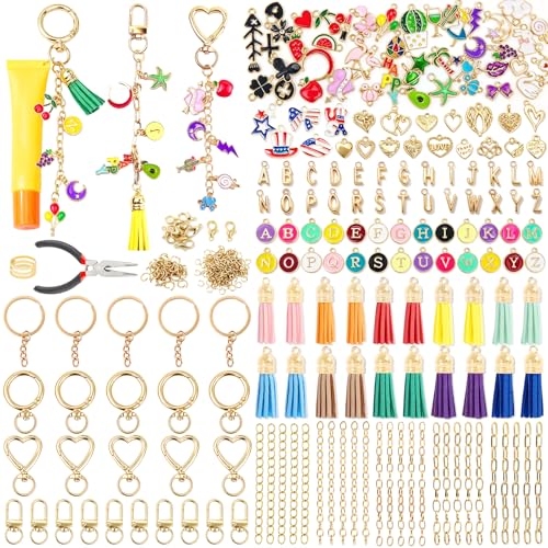 440Pcs Keychain Making Kit, DIY Craft Supplies with Charms Keychain Tassels | Keychain Clip Hooks, Jump Rings, Key Rings, Extender Chains & Tools for DIY Crafting - size: 440pcs kit