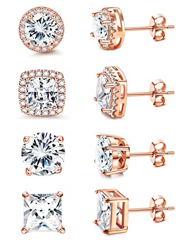 MILACOLATO S925 Sterling Silver Stud Earrings for Women Men Hypoallergenic 18K Gold Plated Cubic Zirconia Earrings Studs Brilliant Simulated Diamond Halo Earring for Sensitive Ears - style: 18K Rose Gold Plated Earrings - Standard Size CZ