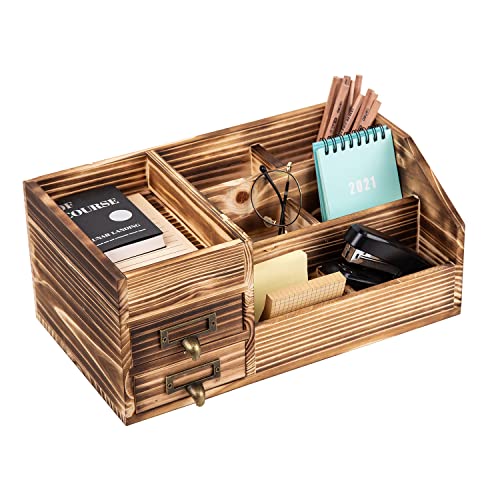 Distressed Rustic Wooden Office Desktop Drawers Organizer Wood Shelf Tabletop Home Organizer Storage with Multiple Compartments,perfect Jewelry storage Display Box for Desk, Vanity (Dark Brown) - color: Dark Brown
