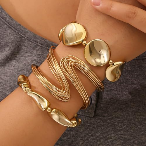 14K Gold Plated 4Pcs Layered Bracelet Set for Women Matte Textured Tassel Cuff Bangle Boho Vintage Adjustable Stackable Fashion Accessories