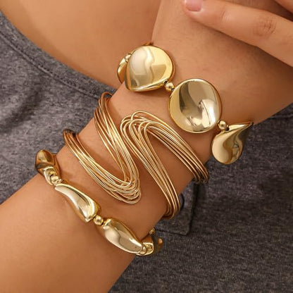14K Gold Plated 4Pcs Layered Bracelet Set for Women Matte Textured Tassel Cuff Bangle Boho Vintage Adjustable Stackable Fashion Accessories