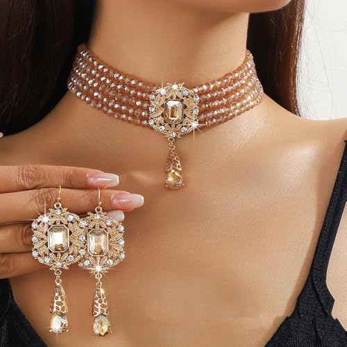 Missgrace Women Silver Black Green Red Rhinestone Crystal Tassels Bridal Necklace Earrings Sets Teardrop Necklace Dangle Earrings Set for Wedding Brides Bridesmaid - color: Champagne