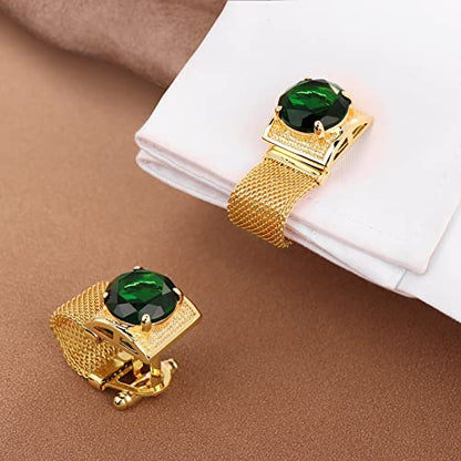 HAWSON Mens Cufflinks with Chain - Stone and Shiny Gold Tone Shirt Accessories - Party Gifts for Young Men - color: 24K Gold Color+Green Crystal