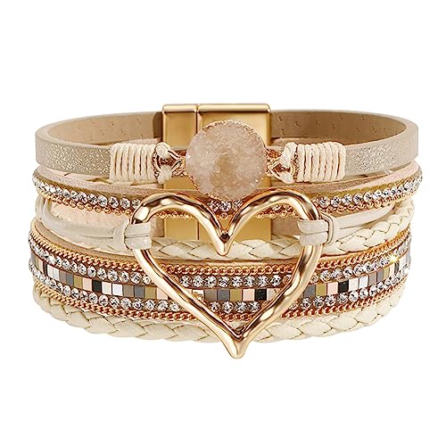 Womens Love Heart Leather Wrap Bracelet Multi-layer Stacked Bangle | Magnetic Clasp Soft PU Leather Resin Stone Rhinestone Boho Style Birthday Valentine Christmas Bohemian Jewelry Gift - color: Khaki