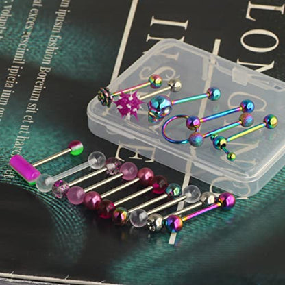 14G Surgical Steel Tongue Rings for Women Men Acrylic Clear Tongue Piercing Jewelry Teaser Slave Ring Skull/Flower/Silicone Soft Spike Ball/CZ/Door Knocker/Pill Tongue Barbell Bars 5/8inch - color: 16pcs mix