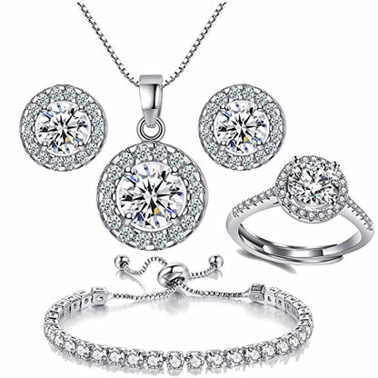 4pcs Set Zirconia Pendant Necklace Earrings Ring Bangle Set Silver Crystal Fashion Adjustable Zircon Jewelry for Women Wife Party Prom Engagement Wedding Gifts - style: Casual