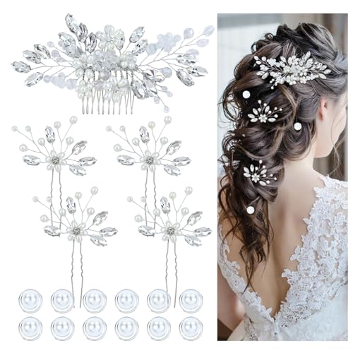 inSowni 17 Pieces Silver Metal Crystal Rhinestone Pearl Bridal Wedding Hair Side Combs Slides+U-shaped Flower Hair Pins+Pearl Twist Spiral Pearl Hairpins for Brides Bridesmaids Women Girls - color: Silver