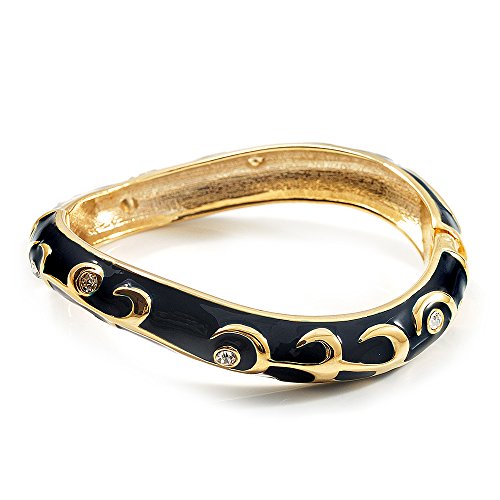 Avalaya Navy Blue Enamel Curvy Crystal Hinged Bangle (Gold Tone Finish)
