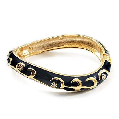 Avalaya Navy Blue Enamel Curvy Crystal Hinged Bangle (Gold Tone Finish)
