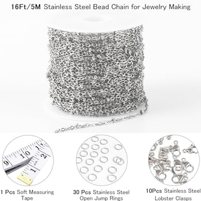 16 Ft Stainless Steel Bead Chain for Jewelry Making, 1.6 mm Thin Silver Ball Beaded Cable Link Chains Roll for DIY Necklace Bracelet Jewelry Making Supplies with Lobster Clasps Soft Tape Measure - color: Cross Bead Silver