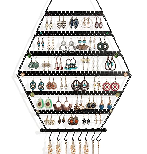 Hexagon Metal Hanging Earring Organizer,Hold 120 Pairs of Earrings | Earring Holder Wall Mounted,Hanging Wall Jewelry Holder Organizer for Earring Stud Hoop Dangle Bracelet Necklace - color: Black
