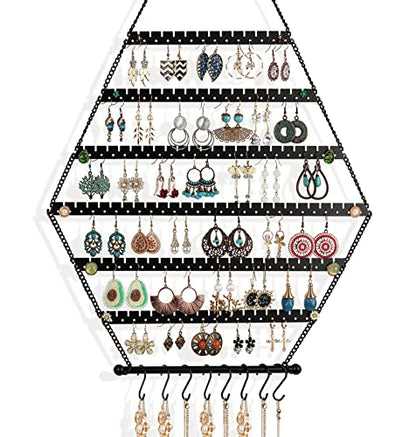 Hexagon Metal Hanging Earring Organizer,Hold 120 Pairs of Earrings | Earring Holder Wall Mounted,Hanging Wall Jewelry Holder Organizer for Earring Stud Hoop Dangle Bracelet Necklace - color: Black