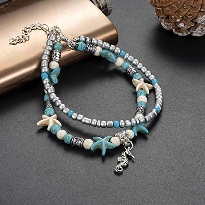 Softones Blue Starfish Turtle Anklet Multilayer Charm Beads Sea Handmade Boho Anklet Foot Jewelry for Women - style: M:Sea Horse