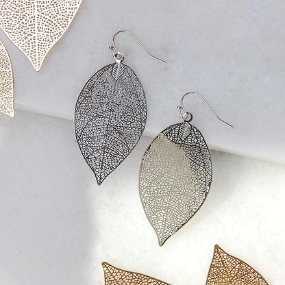 Leaf Earrings for Women - Gold or Silver Tone Filigree Dangle Earrings | Plated in Gold Tone or Silver Tone - color: 2.2" inch - Small Silver