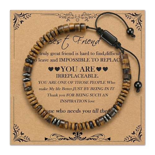Natural Stone Beaded Bracelet for Men Women Boho Adjustable - color: Tiger Eye-friend