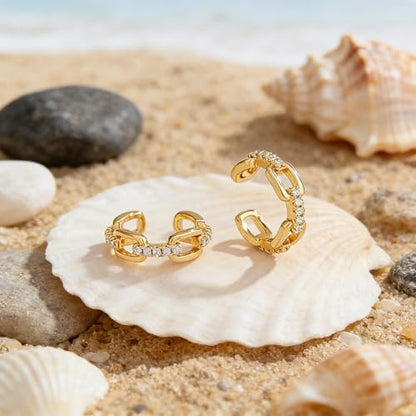 Bemoly Ear Cuff Earrings for Women 14K Gold Plated Cubic Zirconia Dangle Huggie Ear Cuffs Non Piercing | Clip On Cartilage - style: J-CHAIN-Pair
