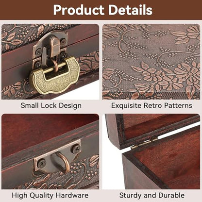 HERCHR Wooden Treasure Chest Box with Key and Lock, Retro European Style Wooden Jewelry Storage Box Memory Keepsake Letter Treasure Chest Lockable with Hinged Lid for Home Decor