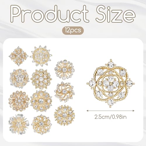 12Pcs Crystal Rhinestone Flower Brooch Pins Set, Wedding Brooches For Women - color: Gold