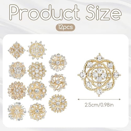 12Pcs Crystal Rhinestone Flower Brooch Pins Set, Wedding Brooches For Women - color: Gold